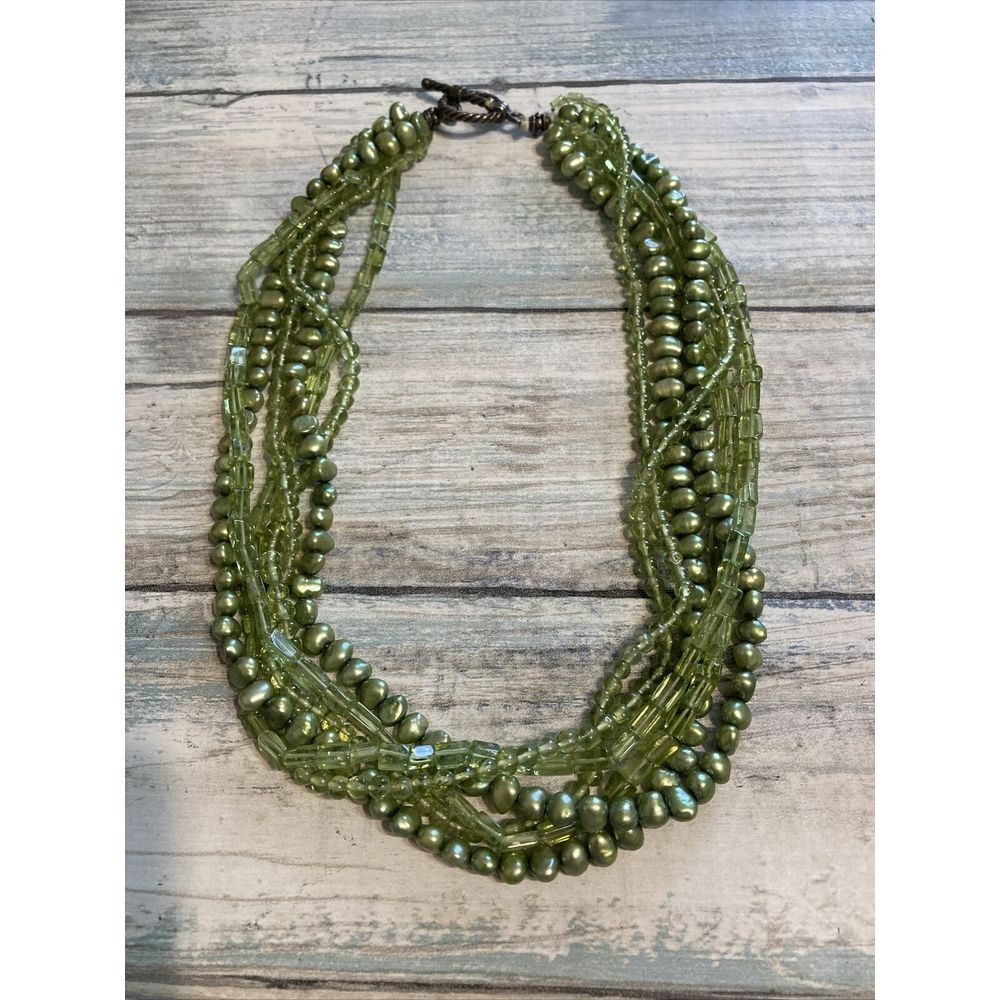 Gemstone Pearl Green Necklace Multi-strand Silver‎ Tone Naga Statement 17" Rare